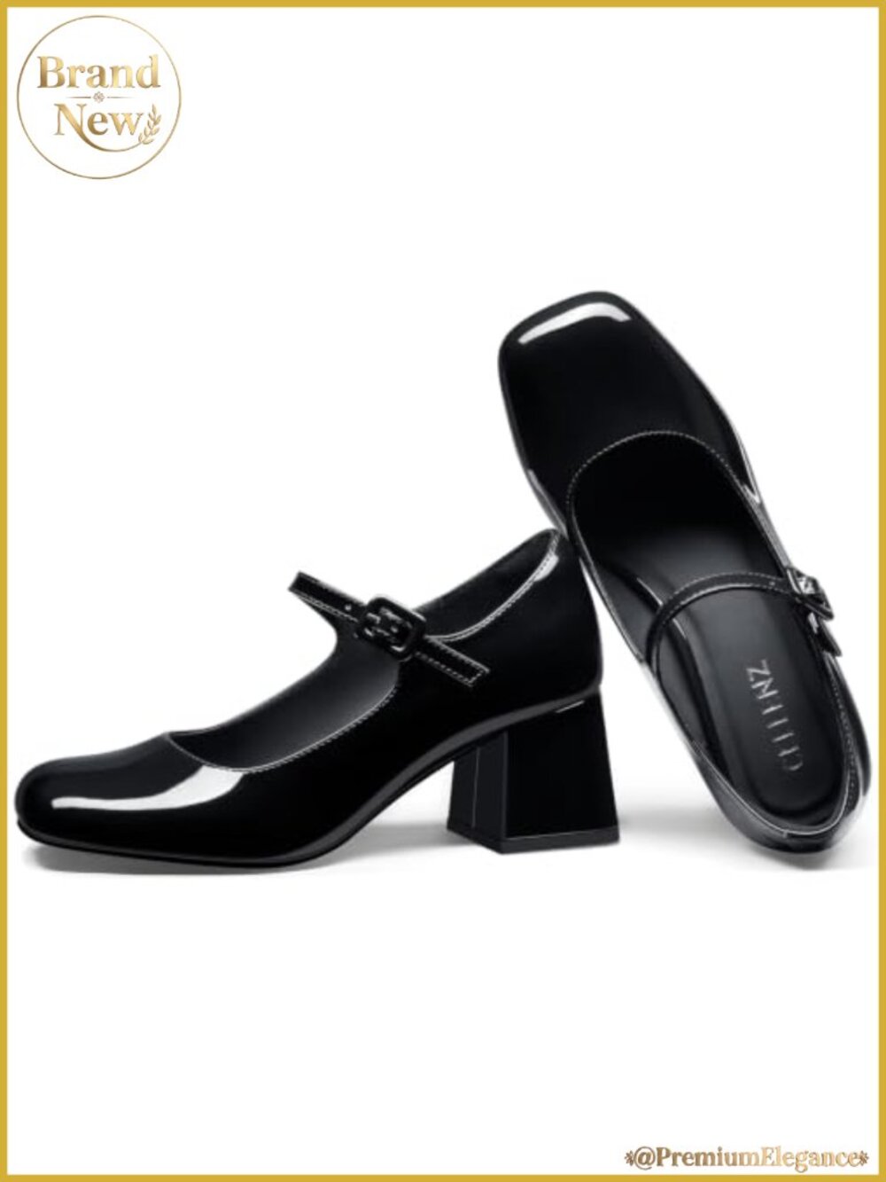 Women Mary Jane Pumps Low Chunky Heel Square Toe Buckle Patent Leather